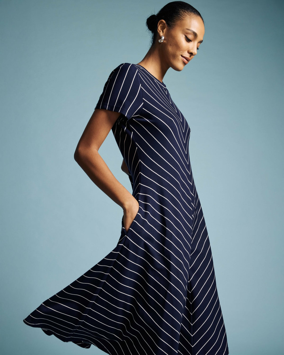 Imani Ponte Dress - Navy Pinstripe | Universal Standard