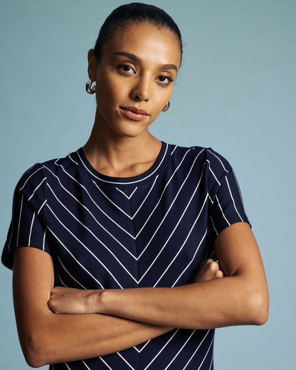 Imani Ponte Dress - Navy Pinstripe | Universal Standard