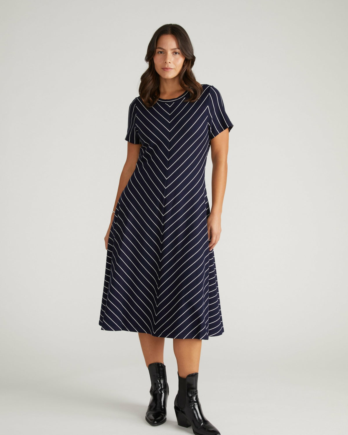 Imani Ponte Dress - Navy Pinstripe | Universal Standard