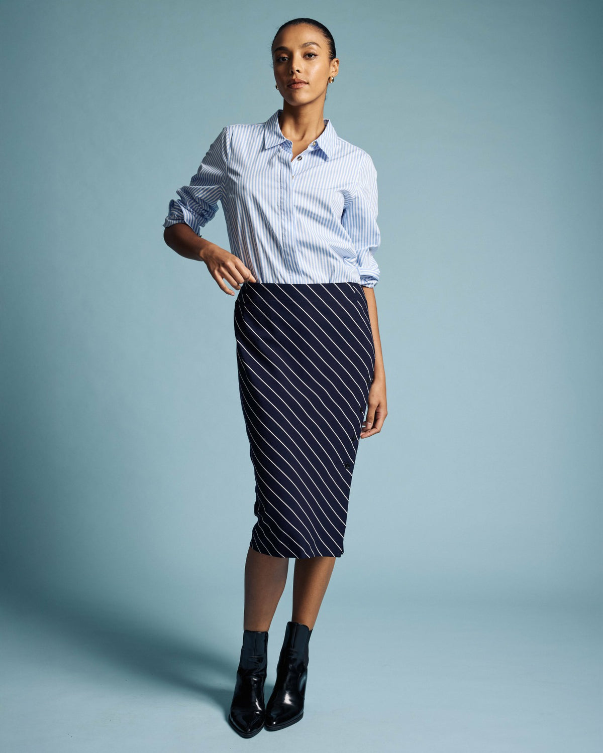 Anya Ponte Skirt - Navy Pinstripe | Universal Standard