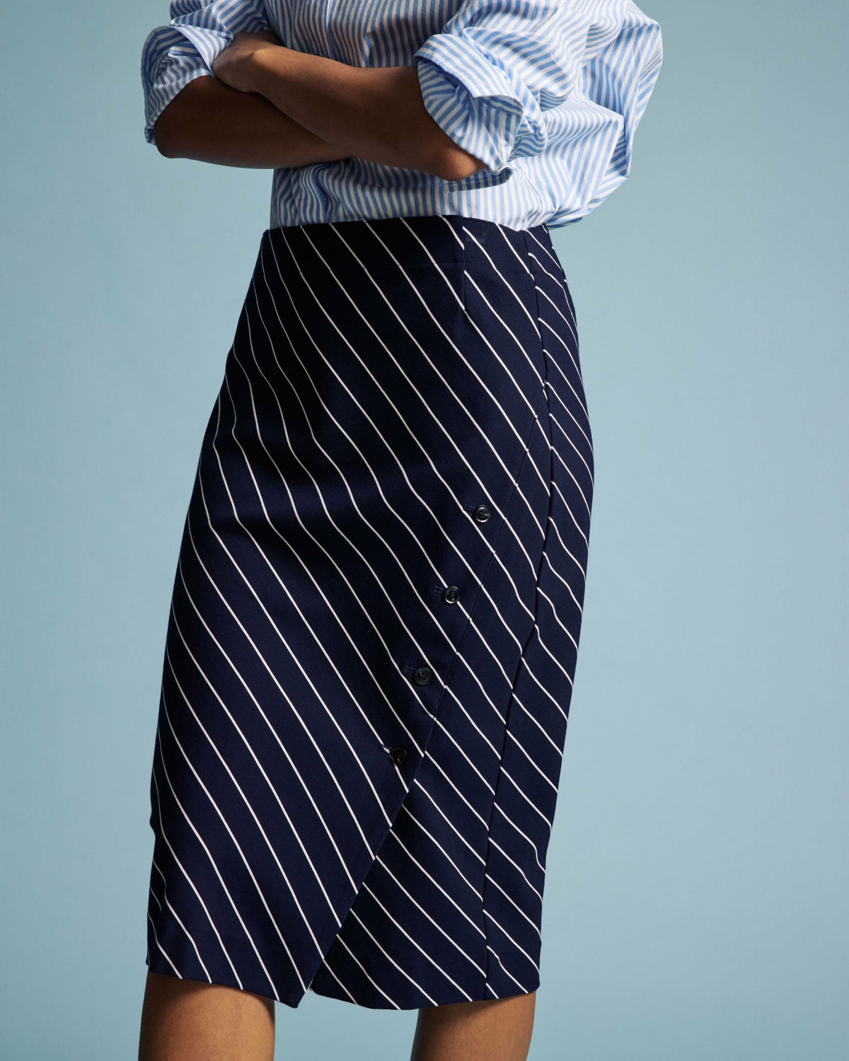 Anya Ponte Skirt - Navy Pinstripe | Universal Standard