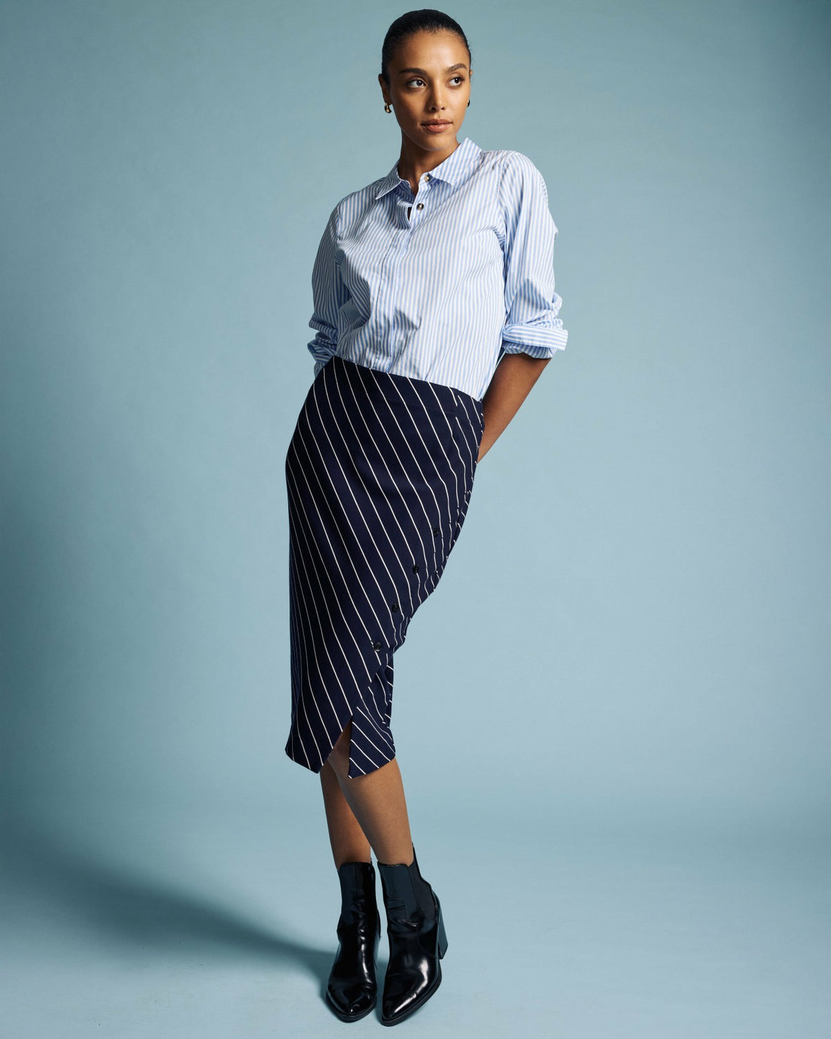 Anya Ponte Skirt - Navy Pinstripe | Universal Standard