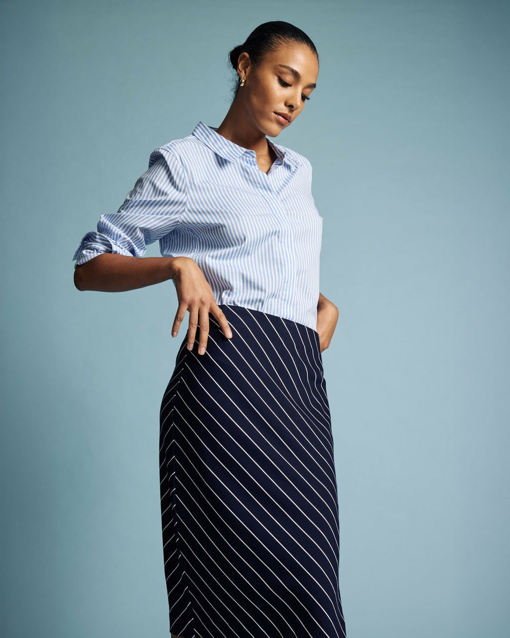 Anya Ponte Skirt - Navy Pinstripe | Universal Standard