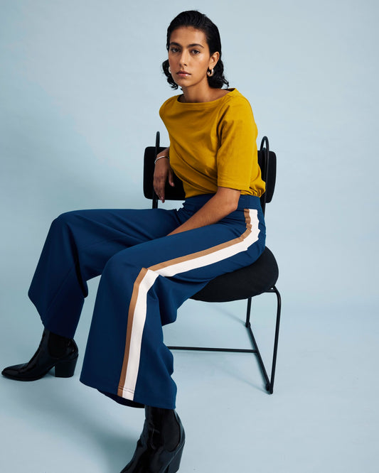 Stephanie Wide Leg Stripe Ponte Pants 30 Inch - Deep Teal with Camel/E | Universal Standard