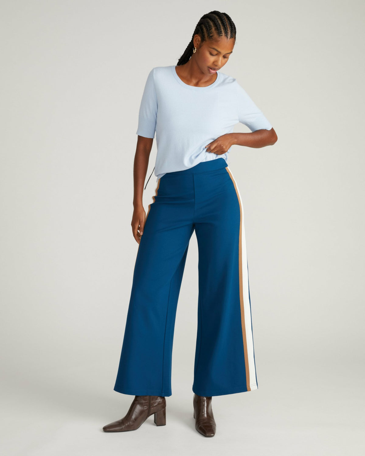 Stephanie Wide Leg Stripe Ponte Pants 30 Inch - Deep Teal with Camel/E | Universal Standard