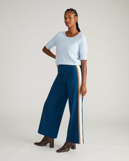 Stephanie Wide Leg Stripe Ponte Pants 30 Inch - Deep Teal with Camel/E | Universal Standard