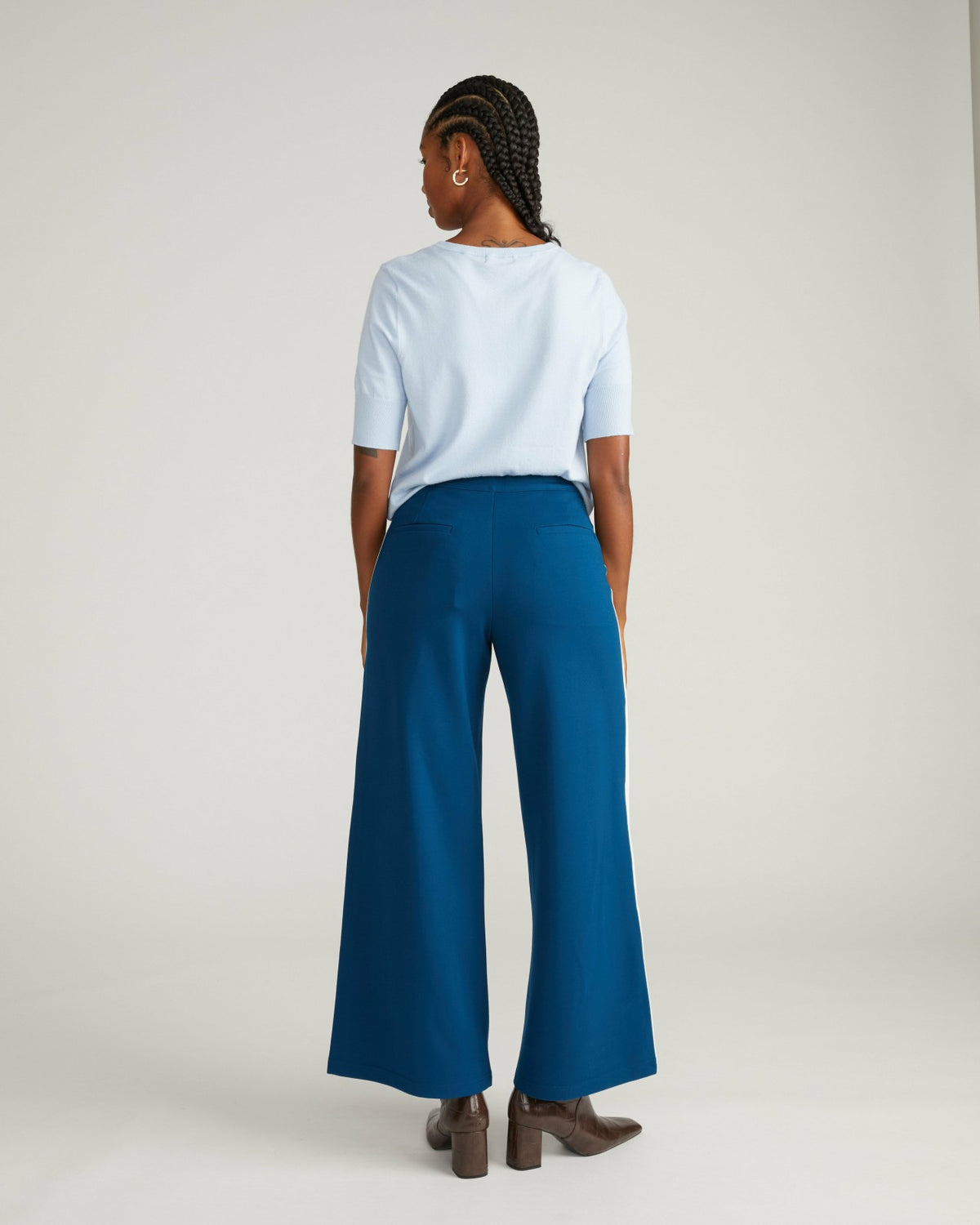 Stephanie Wide Leg Stripe Ponte Pants 30 Inch - Deep Teal with Camel/E | Universal Standard