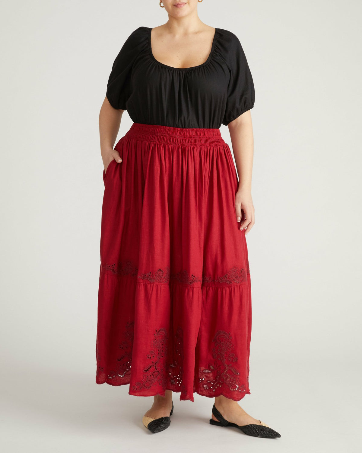Tosca Embroidered Linen Blend Maxi Skirt - Vibrant Red | Universal Standard
