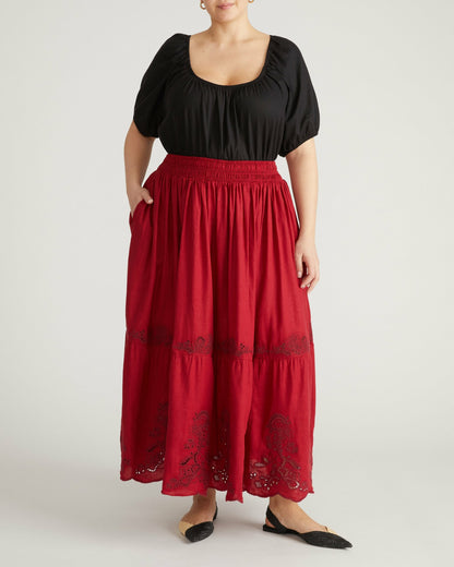 Tosca Embroidered Linen Blend Maxi Skirt - Vibrant Red | Universal Standard