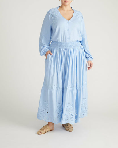 Tosca Embroidered Linen Blend Maxi Skirt - Cielo Blue | Universal Standard