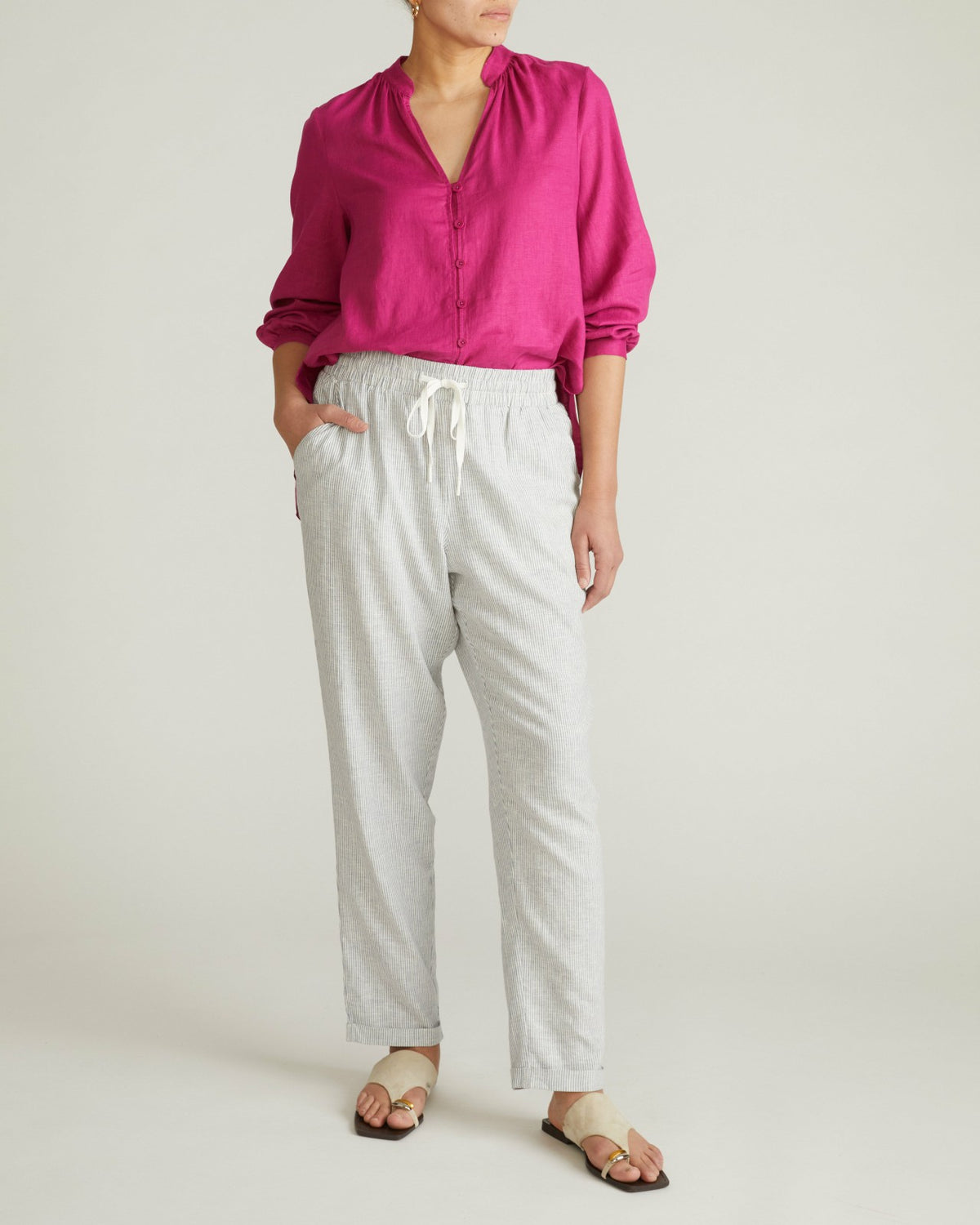 Sayville Linen Blend Drawstring Pant - Beach Stripe | Universal Standard