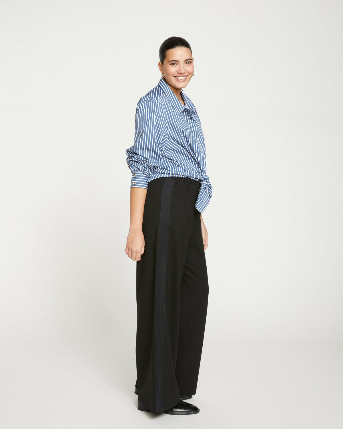 Stephanie Wide Leg Stripe Ponte Pants 33 Inch - Black with Black Strip | Universal Standard