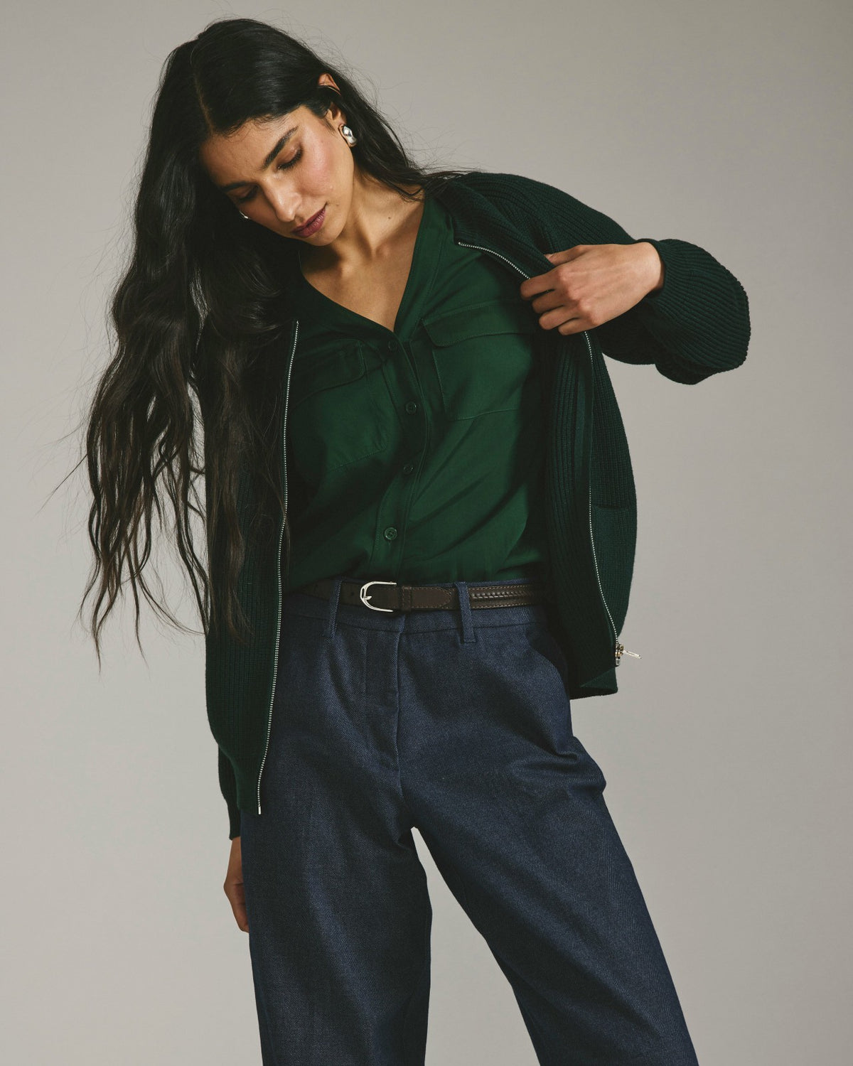 Cooling Stretch Cupro Button-Down Blouse - Forest Green | Universal Standard
