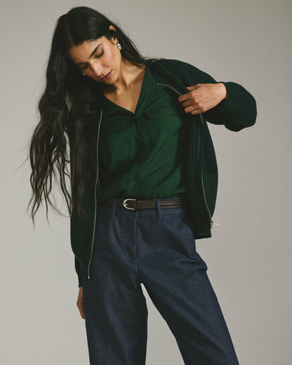 Cooling Stretch Cupro Button-Down Blouse - Forest Green | Universal Standard