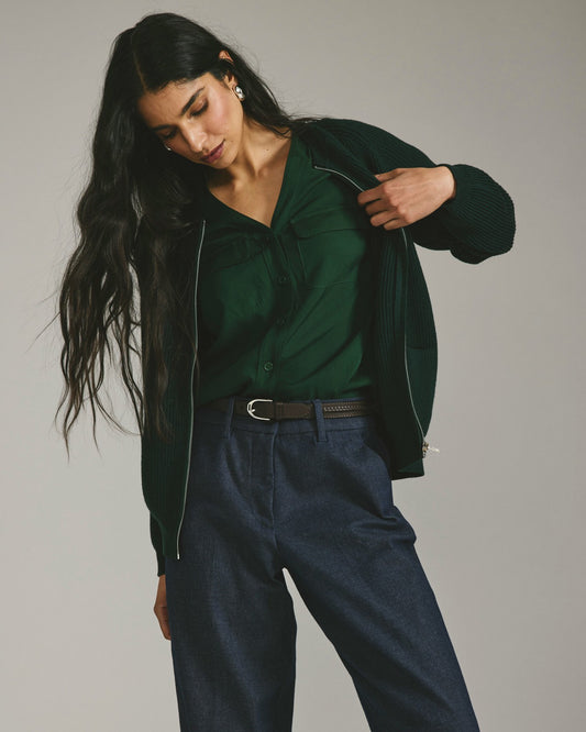 Cooling Stretch Cupro Button-Down Blouse - Forest Green | Universal Standard