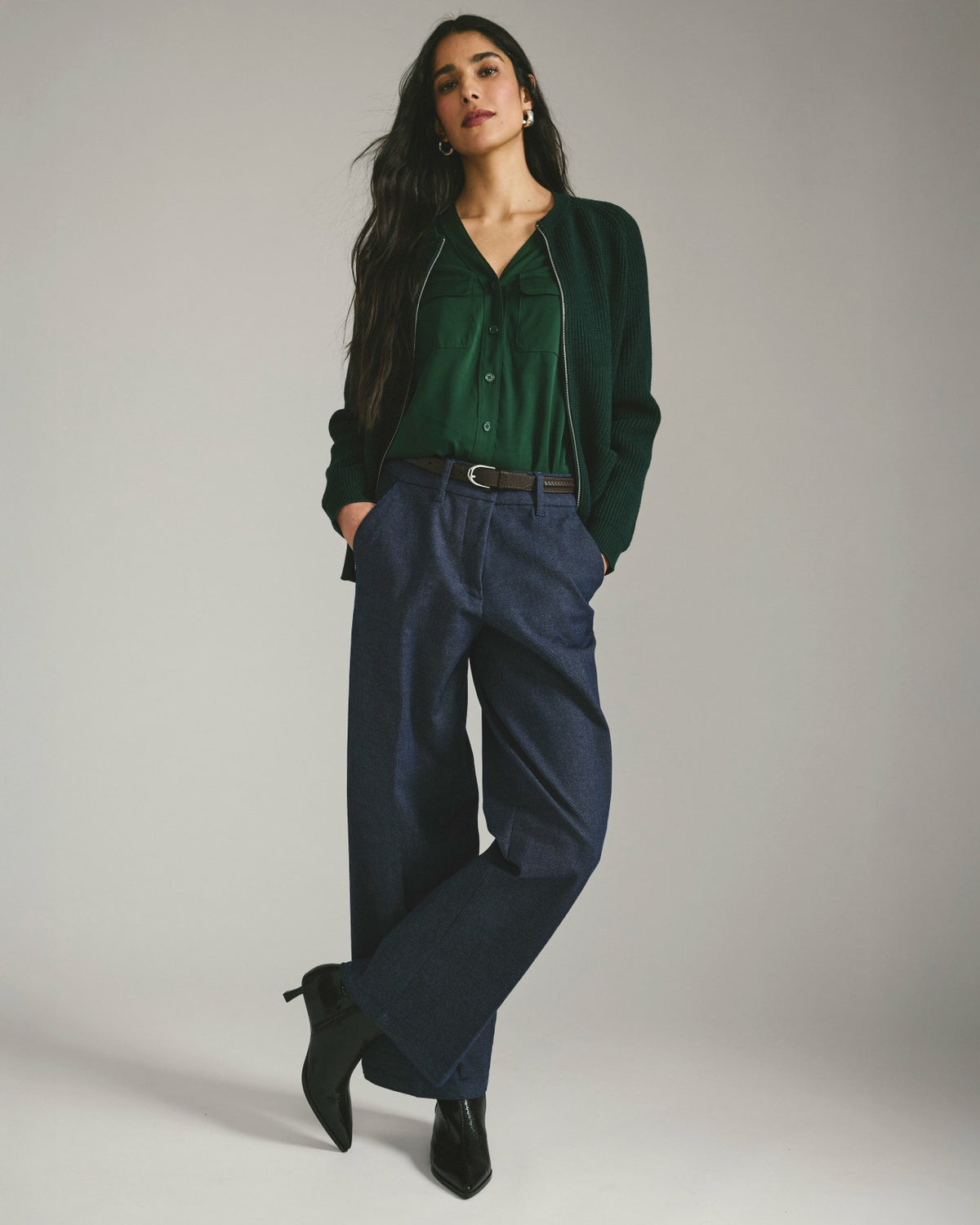 Cooling Stretch Cupro Button-Down Blouse - Forest Green | Universal Standard