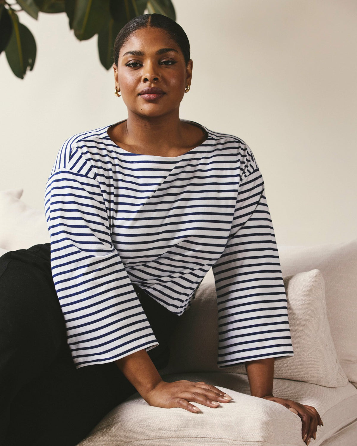 Montauk Breton Stripe Bell Sleeve Top - White/Cenote Stripe | Universal Standard