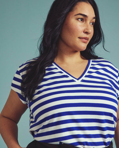 Ashley V Neck Cap Sleeve Tee - Hammersmith Blue/White Stripe | Universal Standard