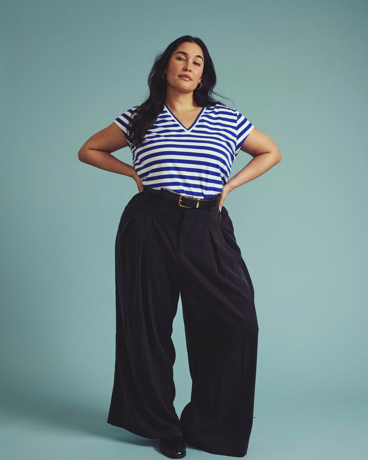 Ashley V Neck Cap Sleeve Tee - Hammersmith Blue/White Stripe | Universal Standard