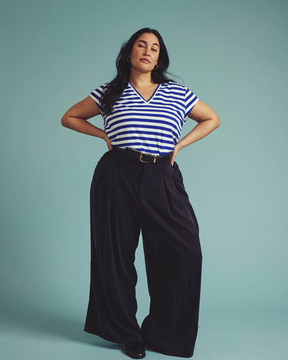 Ashley V Neck Cap Sleeve Tee - Hammersmith Blue/White Stripe | Universal Standard
