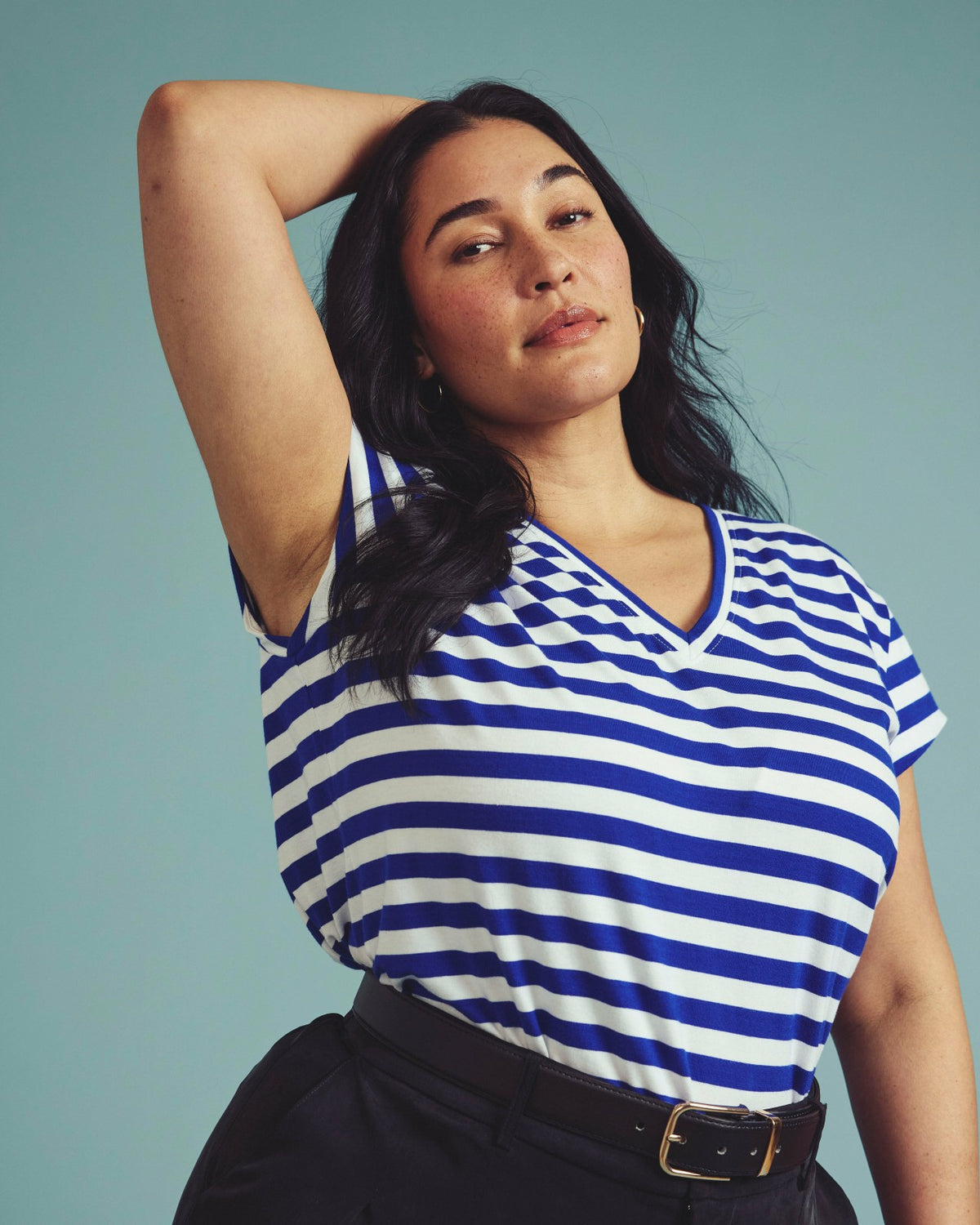 Ashley V Neck Cap Sleeve Tee - Hammersmith Blue/White Stripe | Universal Standard