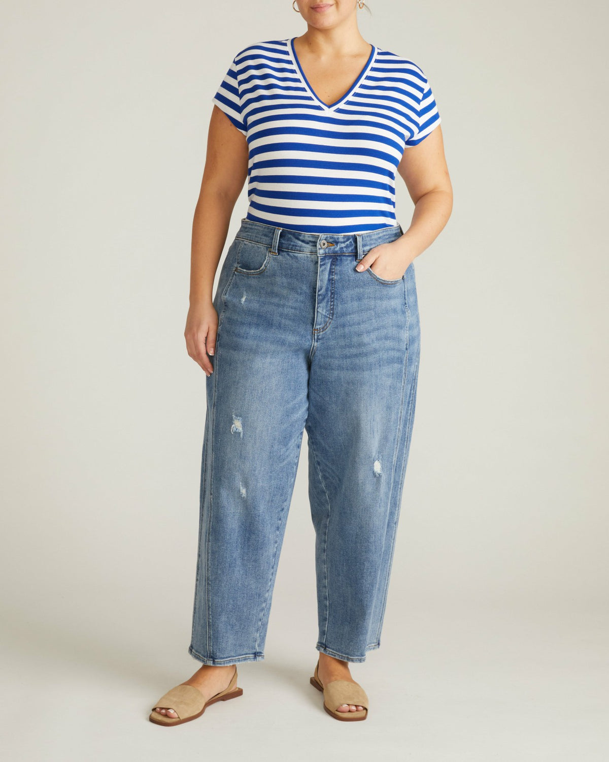 Ashley V Neck Cap Sleeve Tee - Hammersmith Blue/White Stripe | Universal Standard