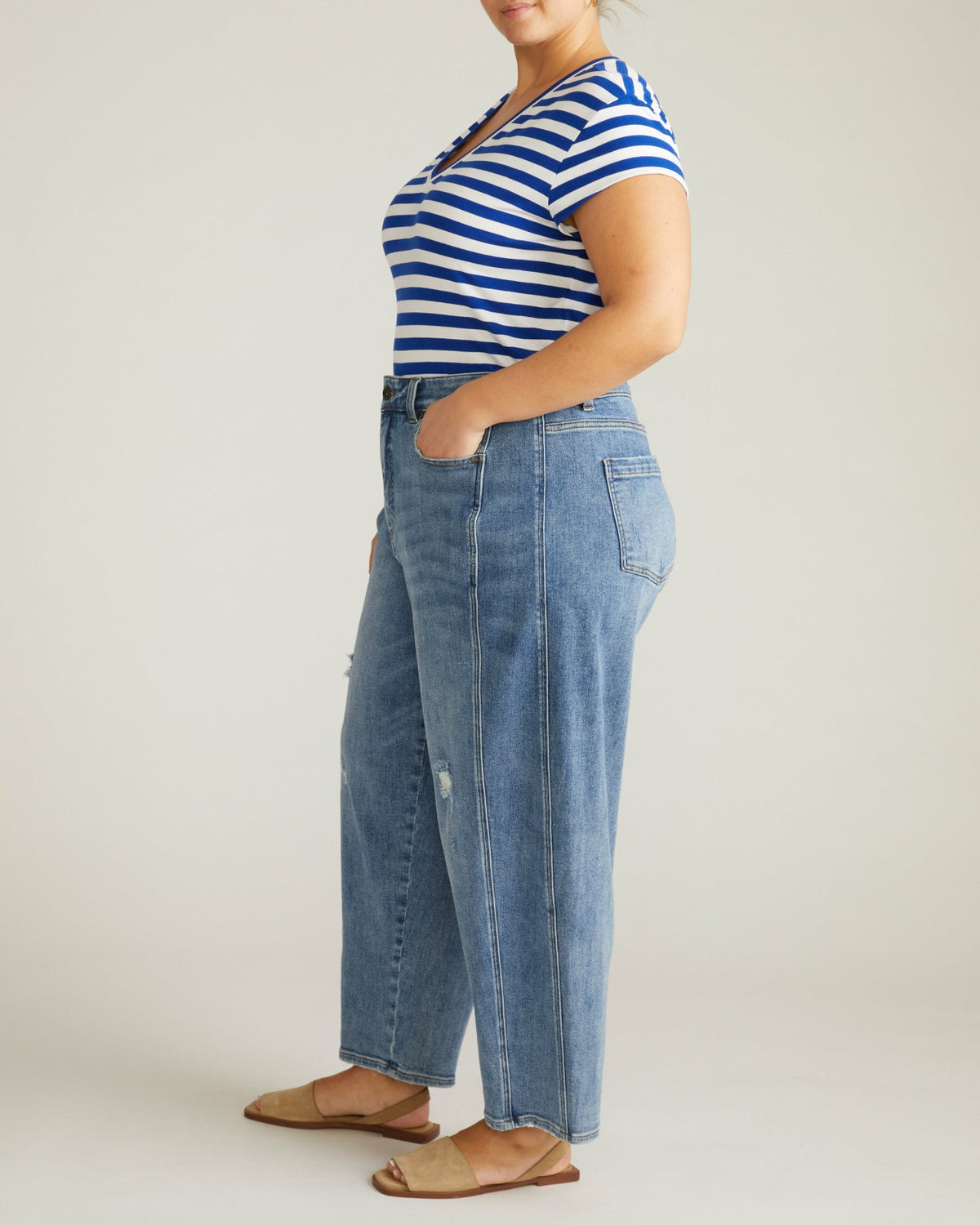 Ashley V Neck Cap Sleeve Tee - Hammersmith Blue/White Stripe | Universal Standard