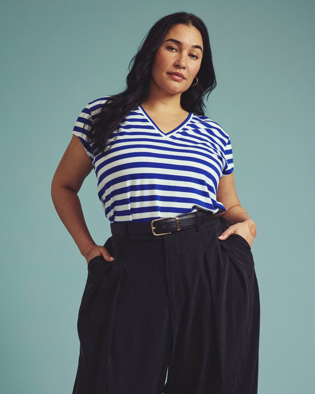 Ashley V Neck Cap Sleeve Tee - Hammersmith Blue/White Stripe | Universal Standard