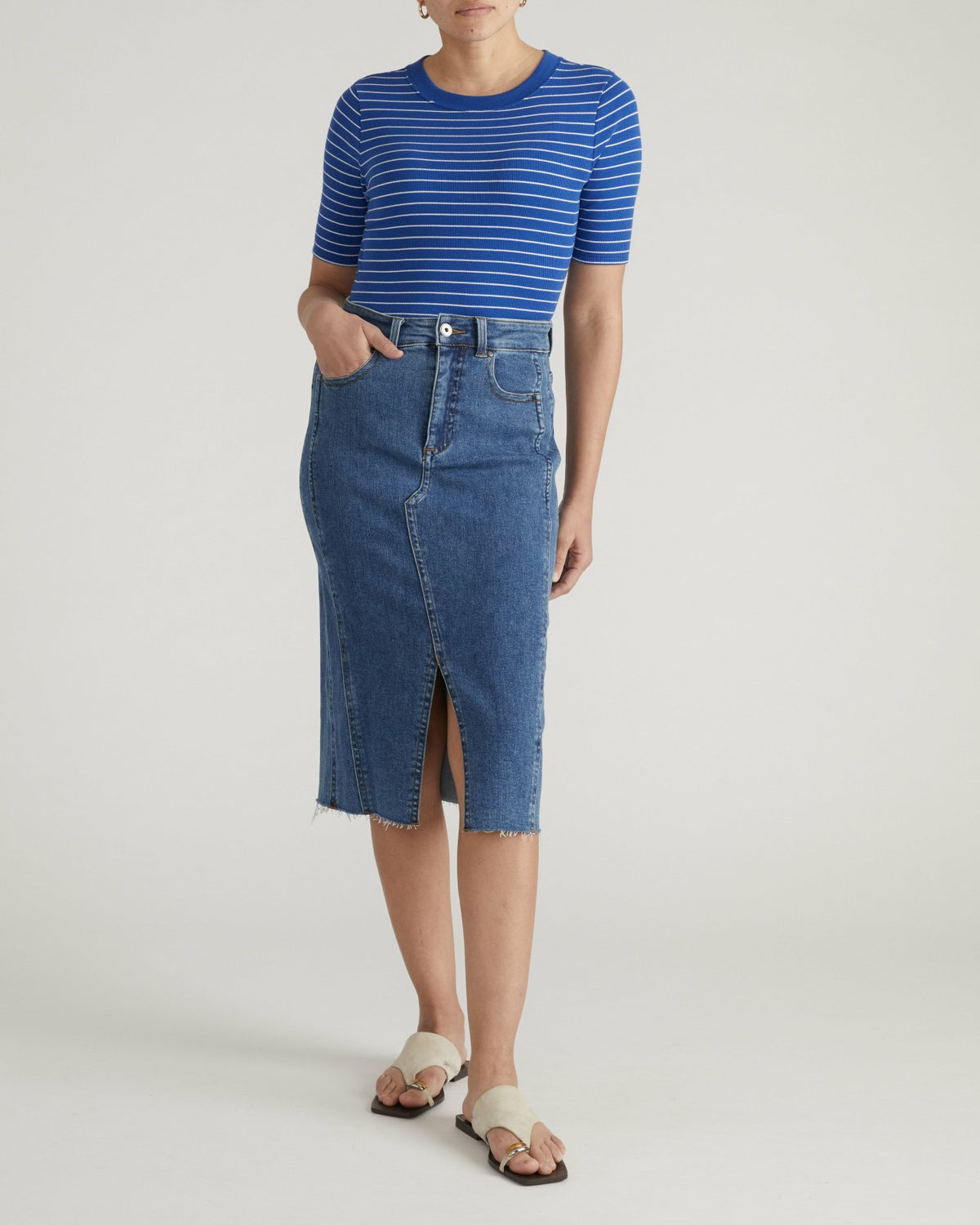 Classic Ribbed Tee - Bright Blue/White Microstripe | Universal Standard