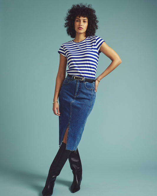 Ashley Cap Sleeve Tee - Hammersmith Blue/White Stripe | Universal Standard