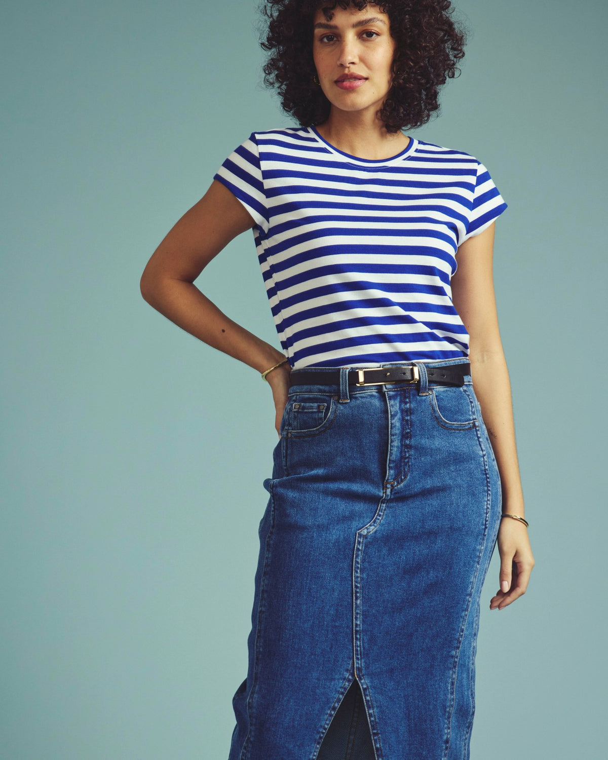 Ashley Cap Sleeve Tee - Hammersmith Blue/White Stripe | Universal Standard