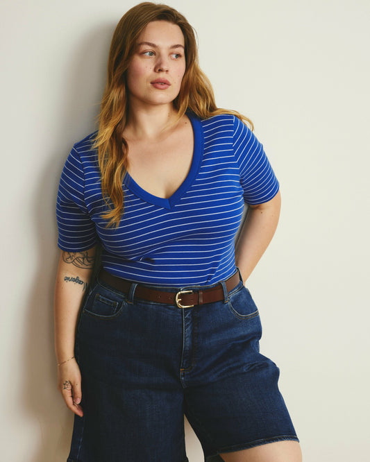 Classic V-Neck Ribbed Tee - Bright Blue/White Microstripe | Universal Standard