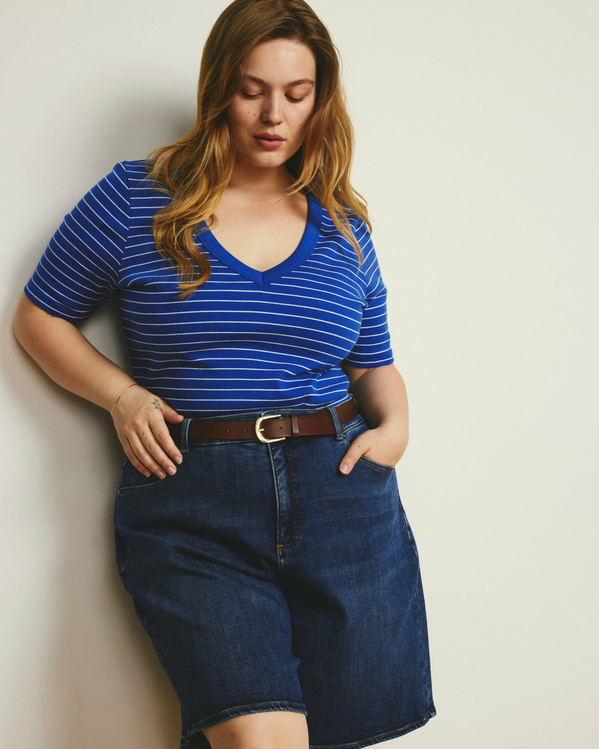 Classic V-Neck Ribbed Tee - Bright Blue/White Microstripe | Universal Standard