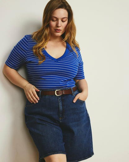 Classic V-Neck Ribbed Tee - Bright Blue/White Microstripe | Universal Standard