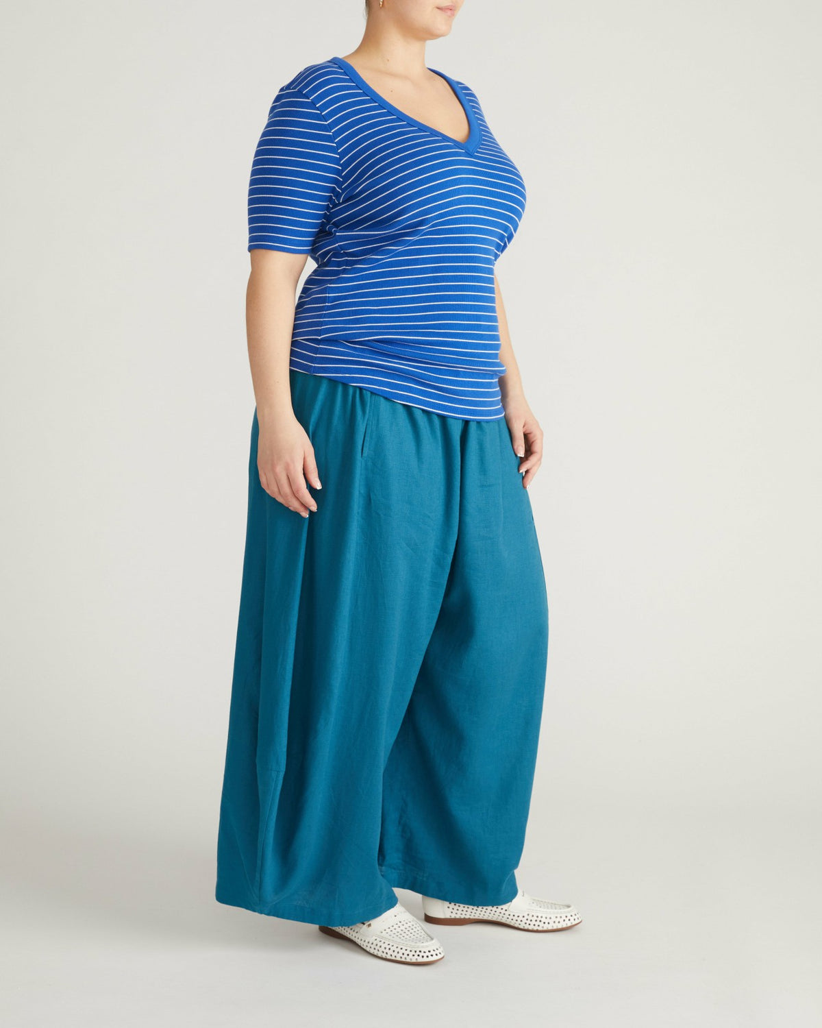 Classic V-Neck Ribbed Tee - Bright Blue/White Microstripe | Universal Standard