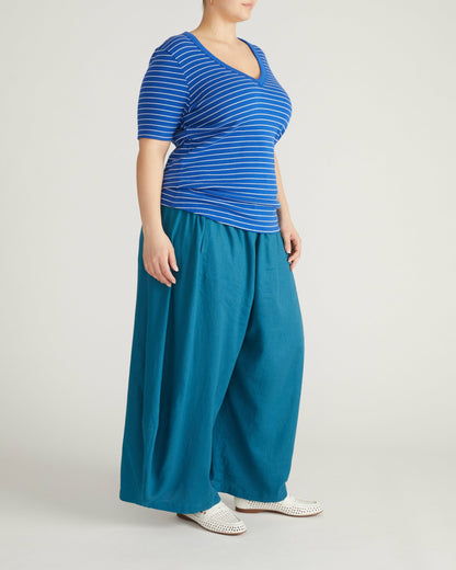 Classic V-Neck Ribbed Tee - Bright Blue/White Microstripe | Universal Standard