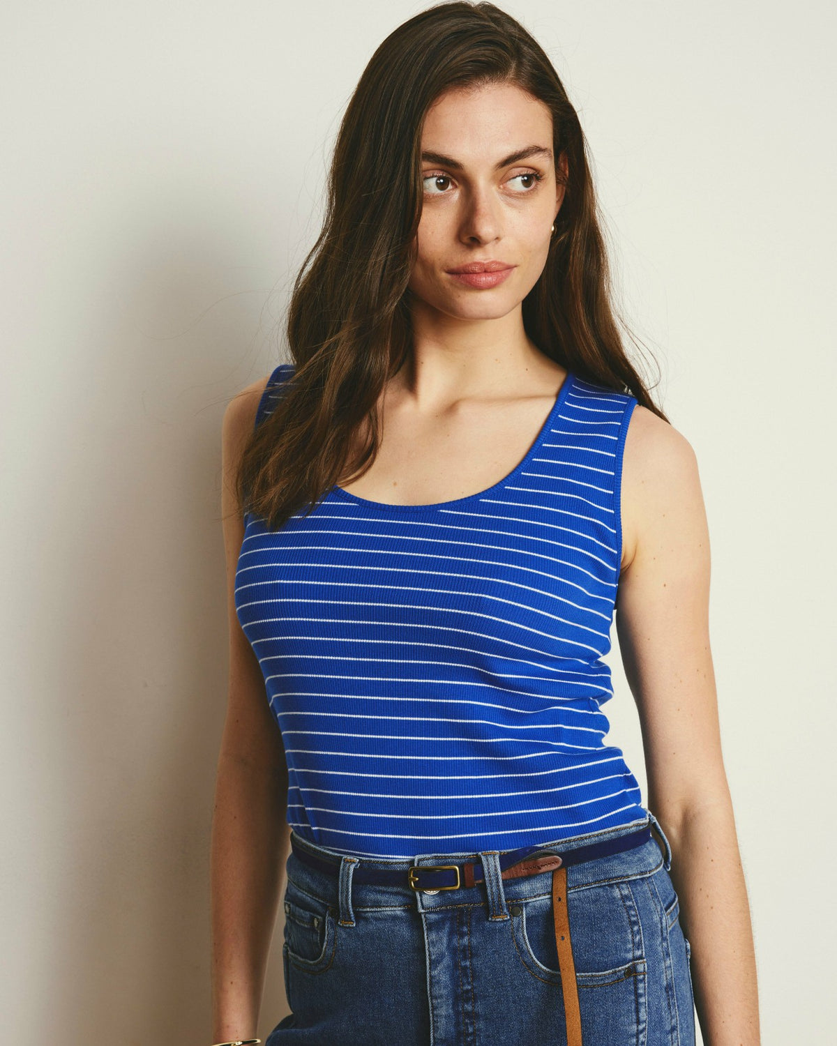 Daisy Ribbed Tank - Bright Blue/White Microstripe | Universal Standard