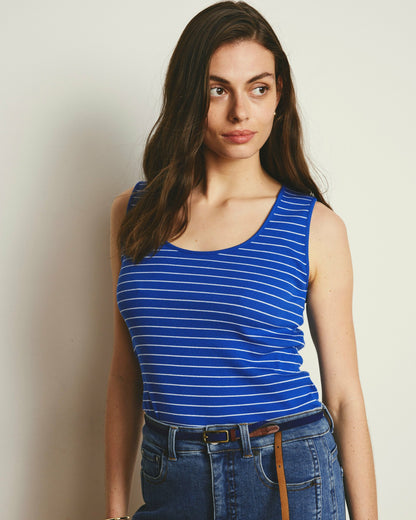 Daisy Ribbed Tank - Bright Blue/White Microstripe | Universal Standard