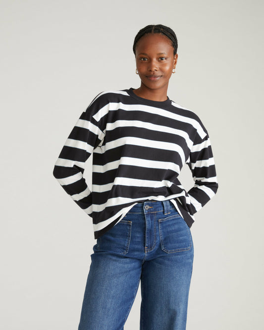 Long Sleeve Relaxed Tee - Black/White Stripe with Aqua Edge | Universal Standard
