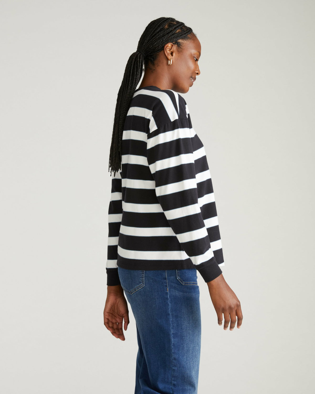 Long Sleeve Relaxed Tee - Black/White Stripe with Aqua Edge | Universal Standard