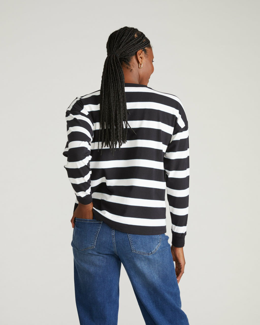 Long Sleeve Relaxed Tee - Black/White Stripe with Aqua Edge | Universal Standard