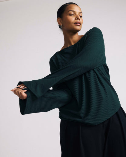 Yasmin Flare Sleeve Ribbed Top - Forest Green | Universal Standard