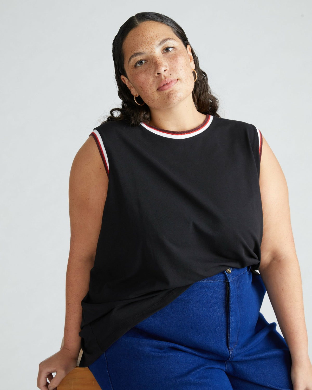 Patti Muscle Tank - Black/Striped Trim | Universal Standard