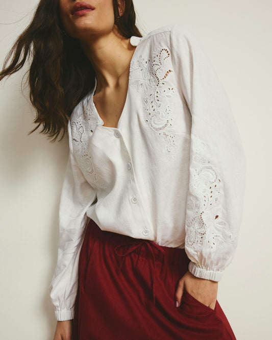 Frances Embroidered Linen Blend Blouse - White | Universal Standard