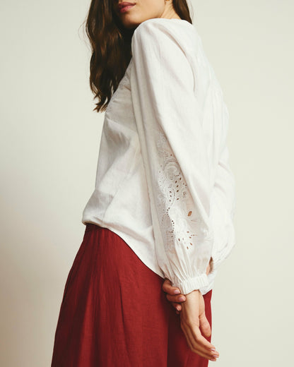 Frances Embroidered Linen Blend Blouse - White | Universal Standard