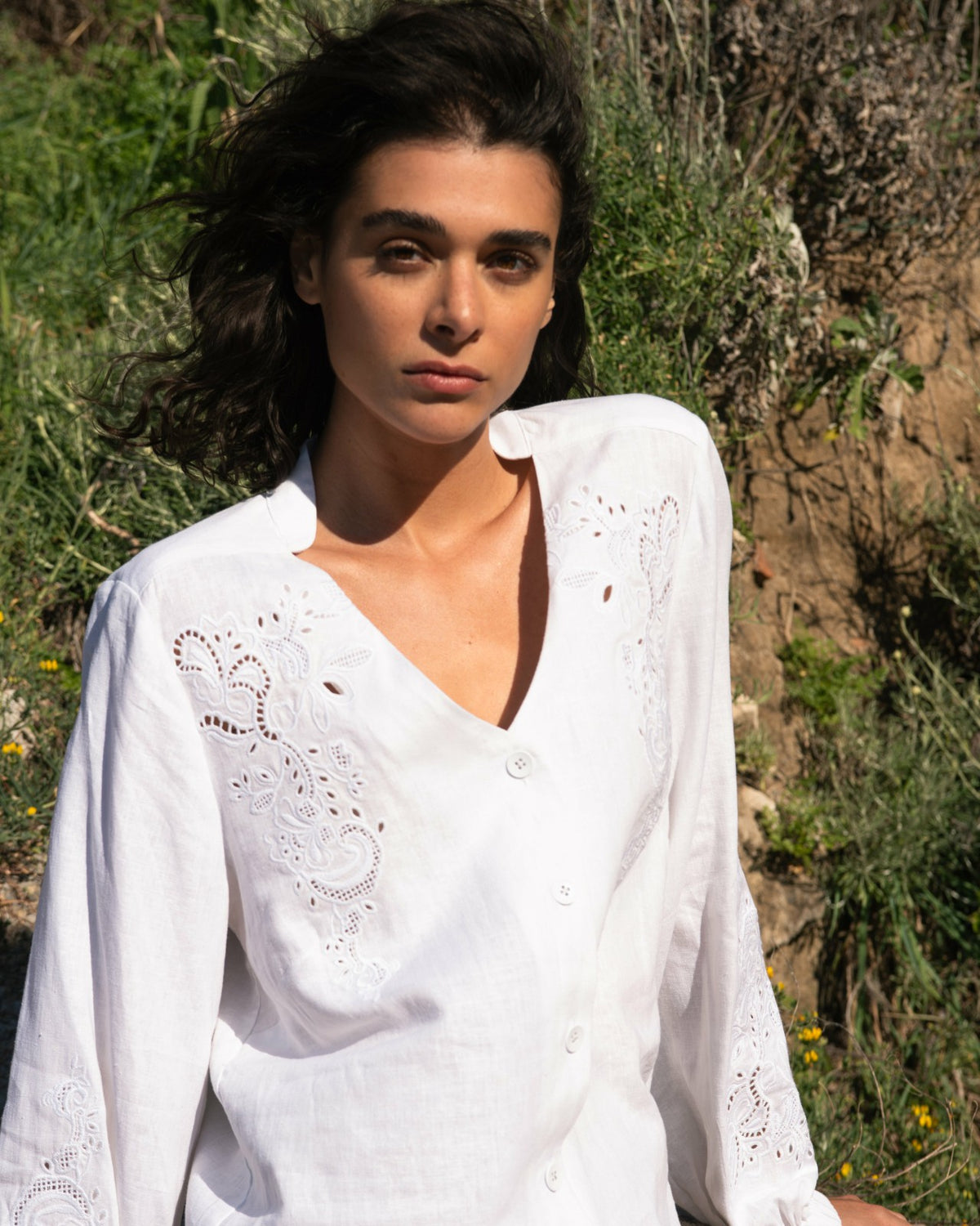 Frances Embroidered Linen Blend Blouse - White | Universal Standard