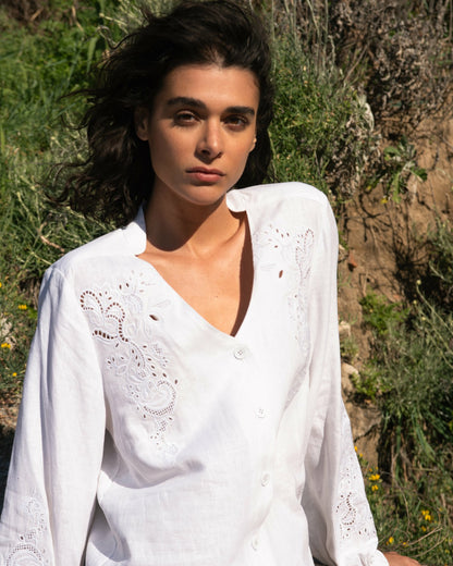 Frances Embroidered Linen Blend Blouse - White | Universal Standard