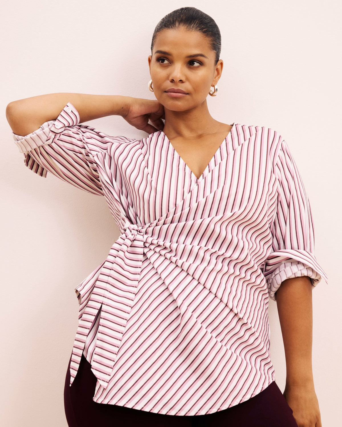 Beacon Stretch Poplin Wrap Shirt - Lilac Multi Stripe | Universal Standard