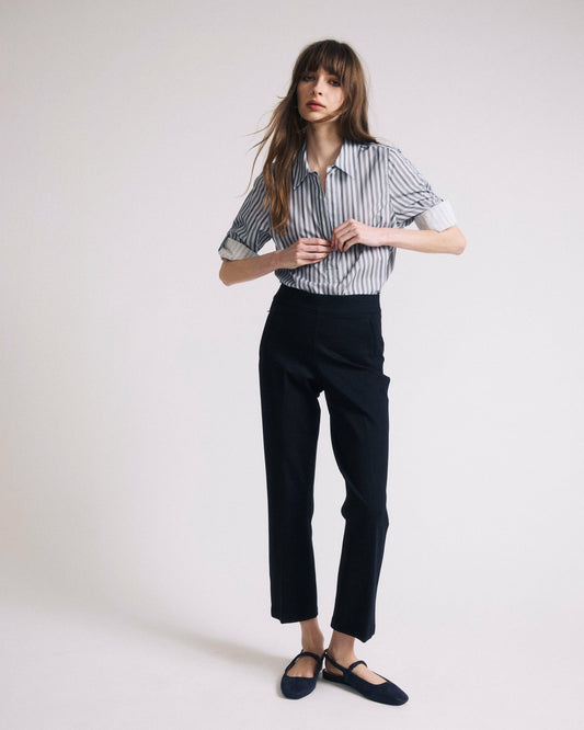 Button Back Poplin Polo Shirt - Smokey Blue Stripe | Universal Standard