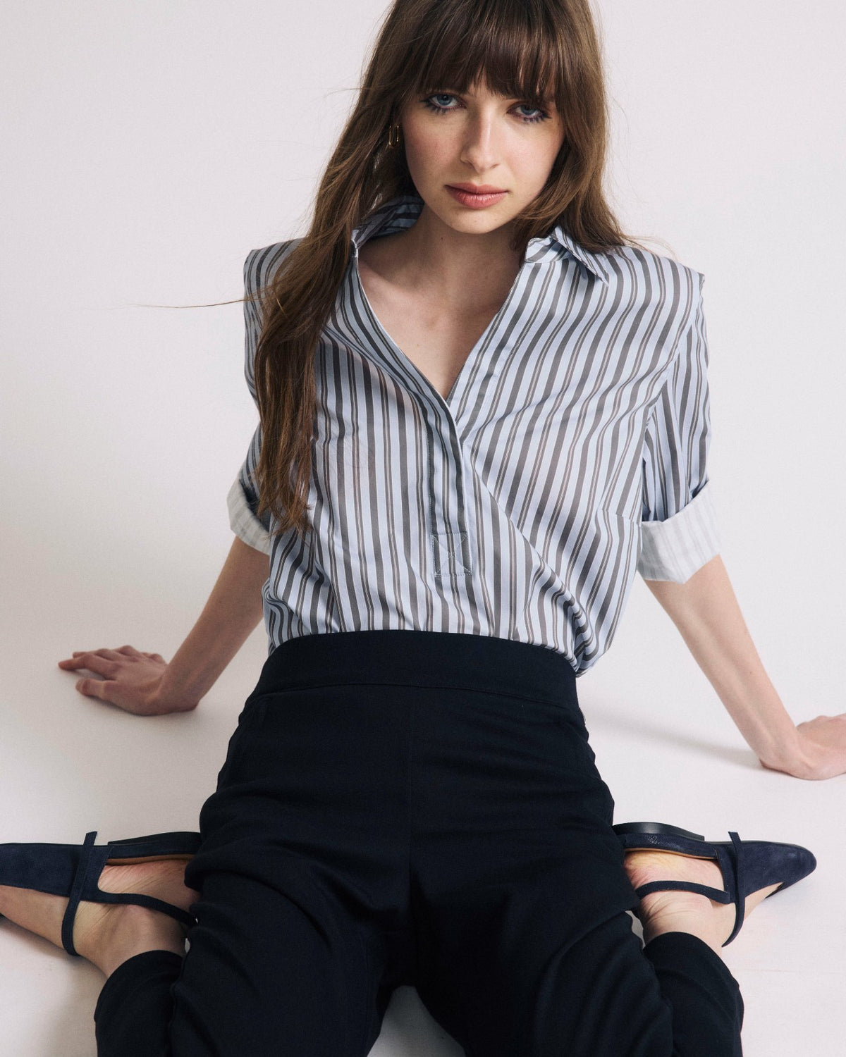 Button Back Poplin Polo Shirt - Smokey Blue Stripe | Universal Standard